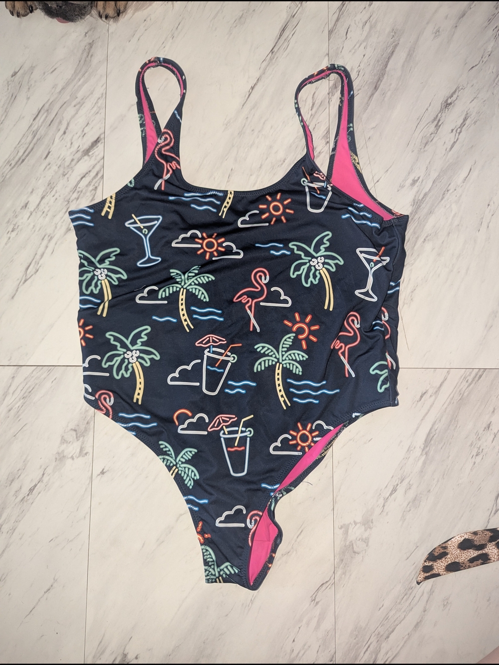 chubbies Neon Tropical One-Piece Swimsuit - Black with Pink Lining